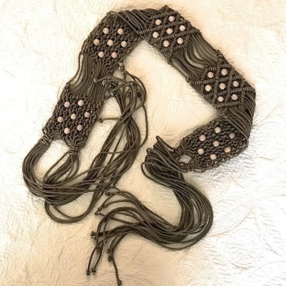 Macrame Belt with Wood Beads Boho Hand Length 63 inches